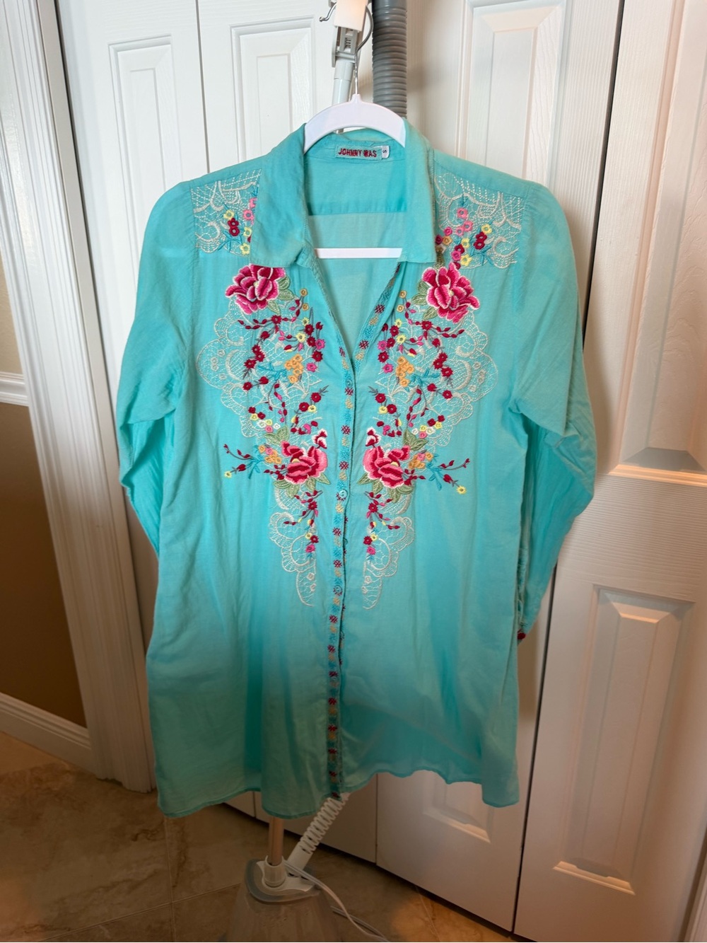 Johnny Was Turquoise Floral Embroidered Tunic Top